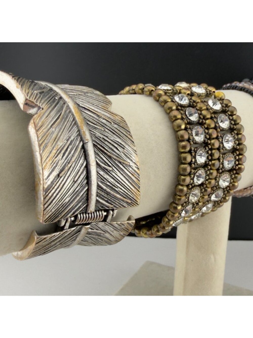 Boho Bracelet Lot Silver Tone Cuff Rhinestone Stretch Mixed Metals Stackable - Picture 8 of 16